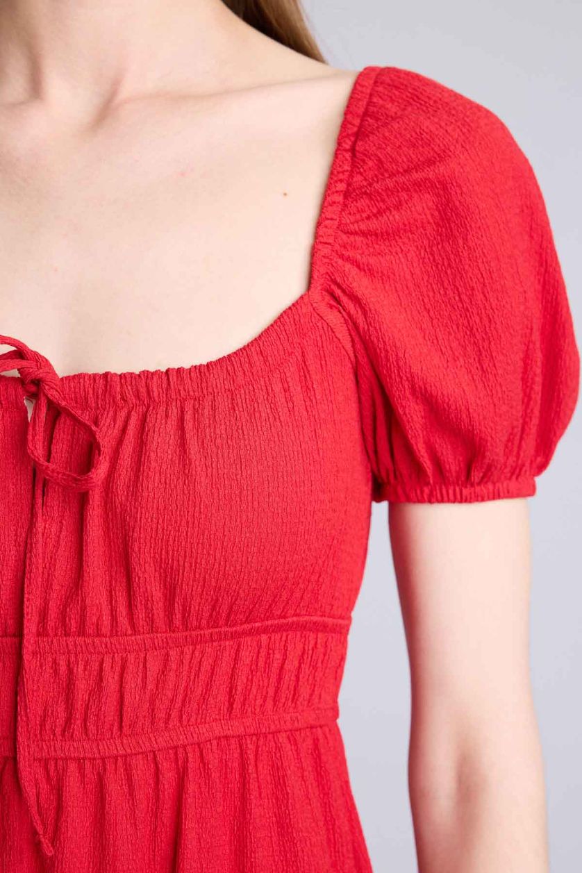 Kadın Kırmızı Kare Yaka Kısa Kollu Midi Elbise