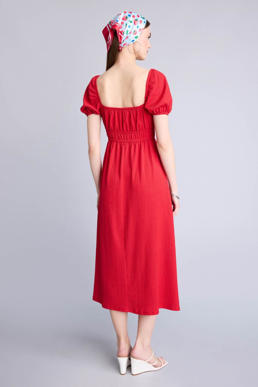 Kadın Kırmızı Kare Yaka Kısa Kollu Midi Elbise