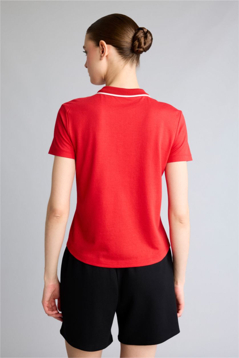 Women Red Standard Fit Polo Neck Sports Basic T-shirt