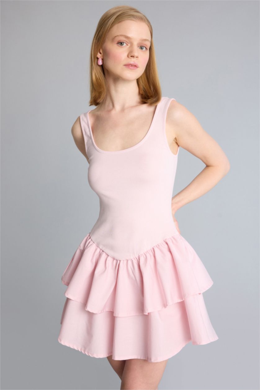 Kadın Pembe U Yaka Askılı Mini Elbise