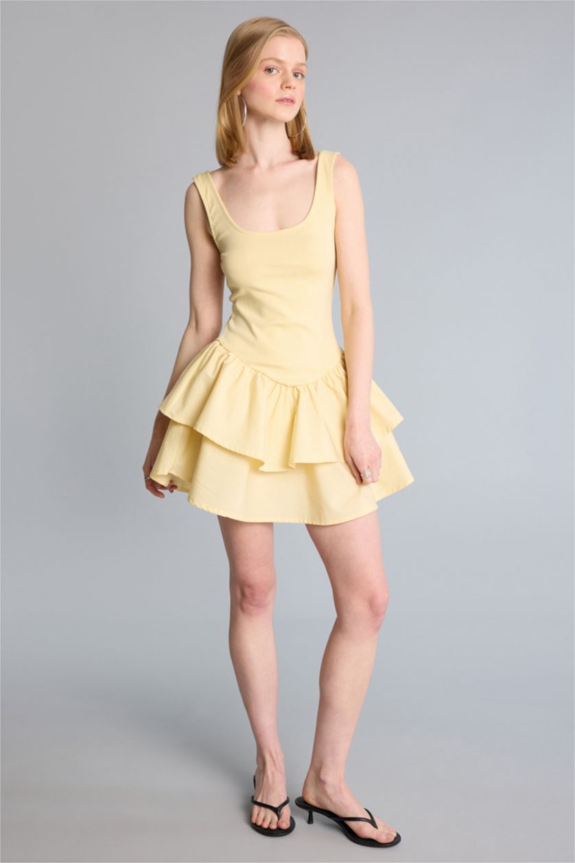 Kadın Sarı U Yaka Askılı Mini Elbise