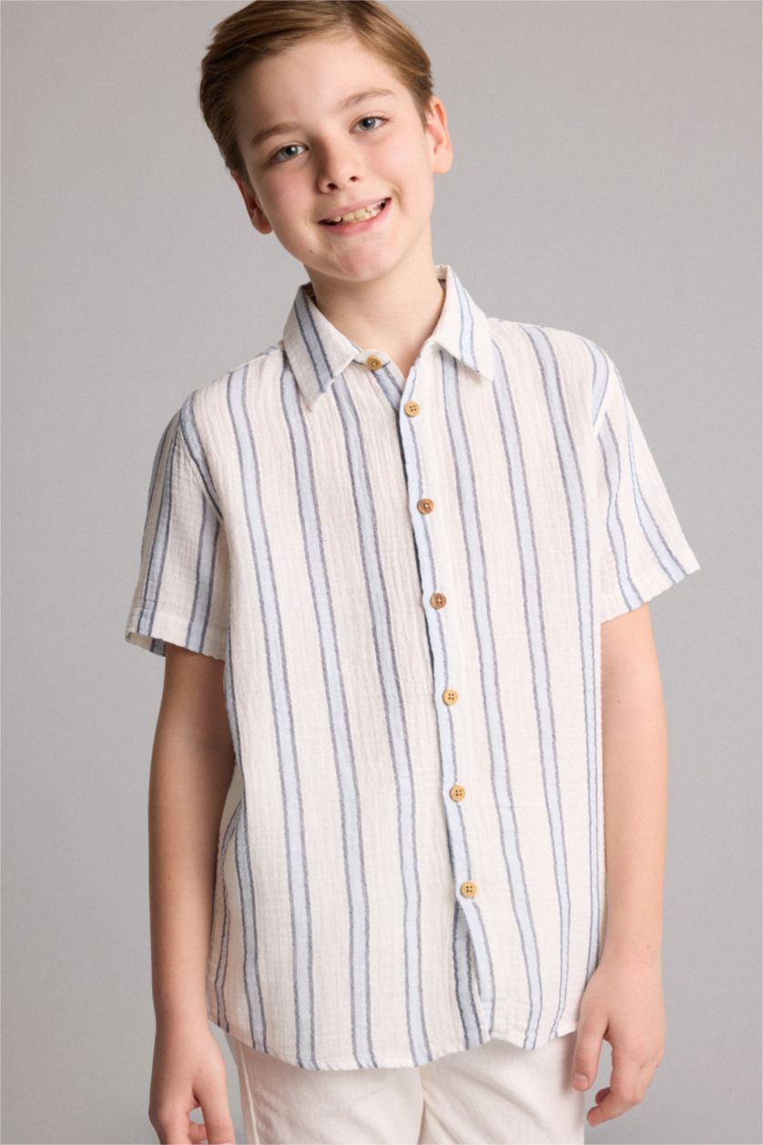 Young Boys - Teen Boys Ecru Regular Fit Striped Short Sleeve Shirt