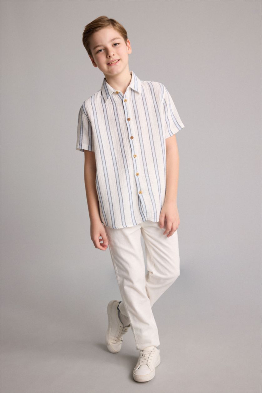Young Boys - Teen Boys Ecru Regular Fit Striped Short Sleeve Shirt