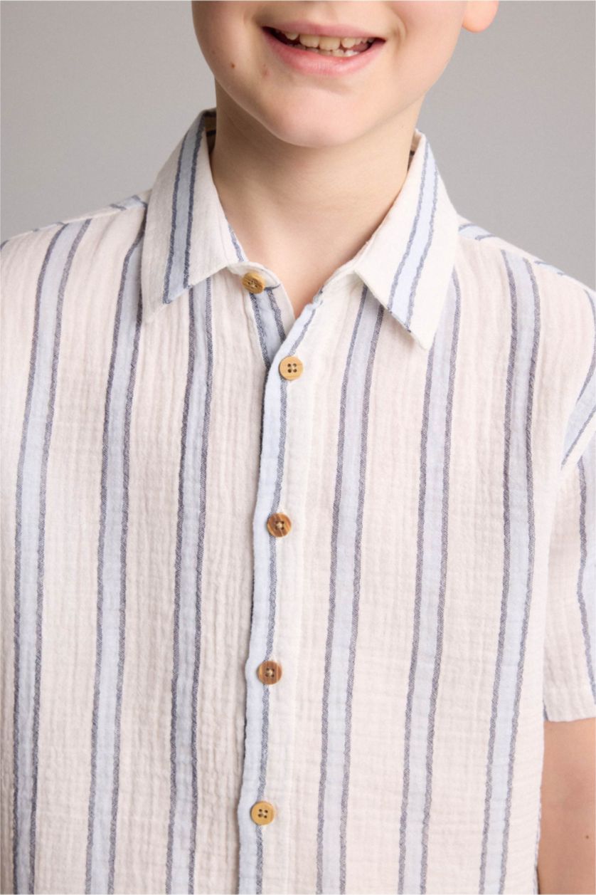 Young Boys - Teen Boys Ecru Regular Fit Striped Short Sleeve Shirt