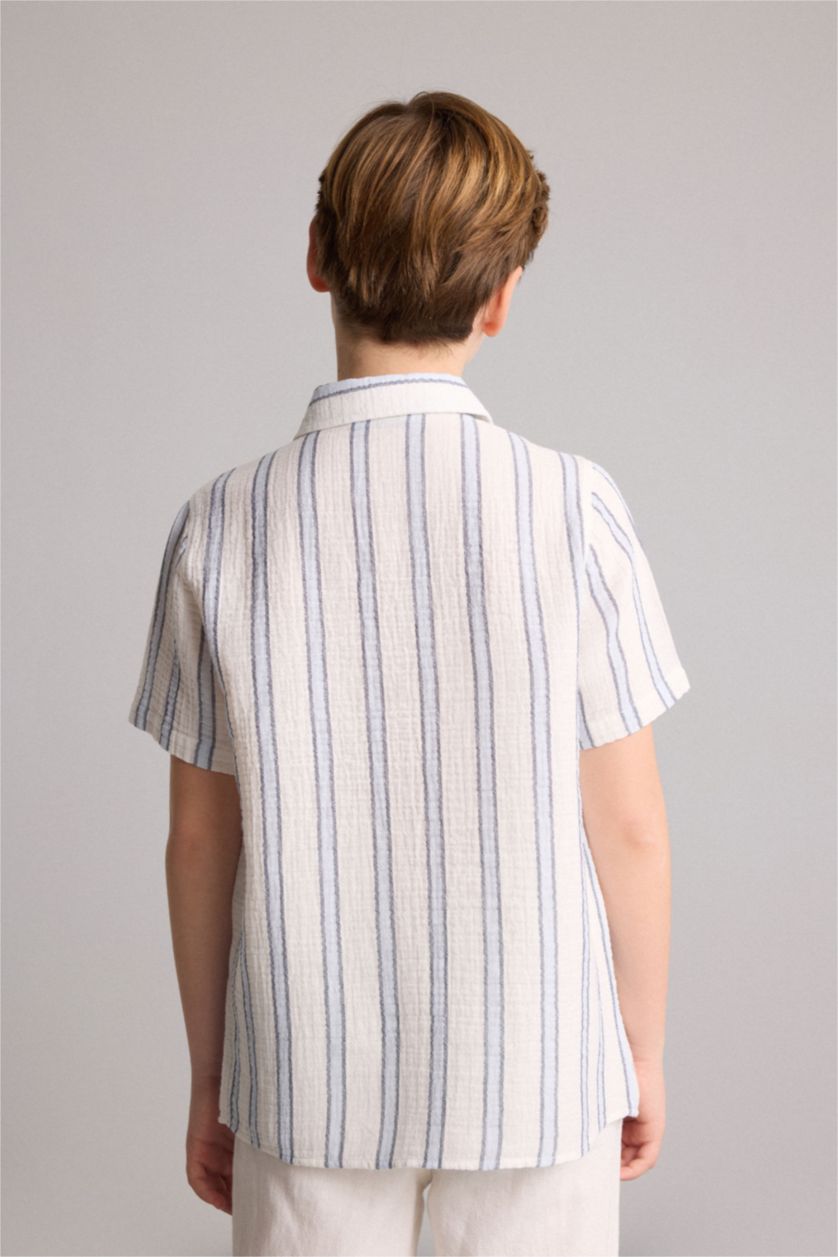 Young Boys - Teen Boys Ecru Regular Fit Striped Short Sleeve Shirt