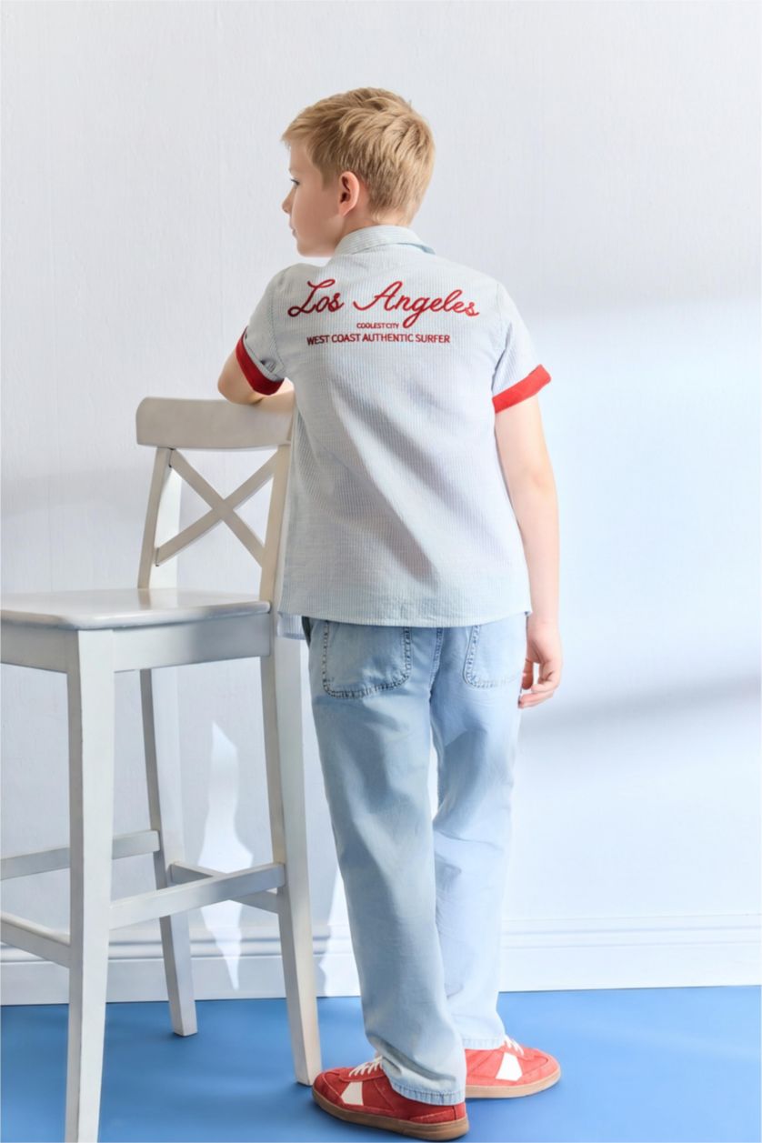 Young Boys - Teen Boys Ecru Boy Regular Fit Striped Short Sleeve Shirt