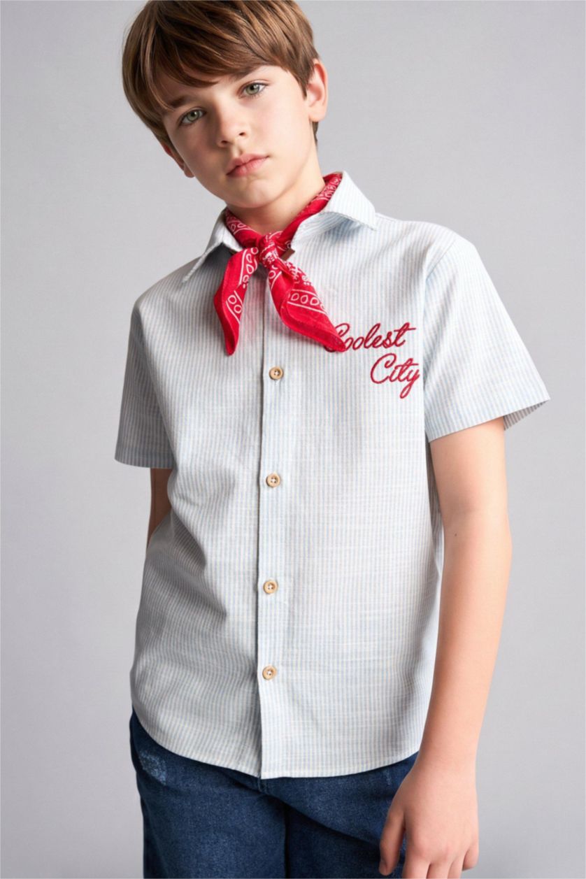 Young Boys - Teen Boys Ecru Boy Regular Fit Striped Short Sleeve Shirt