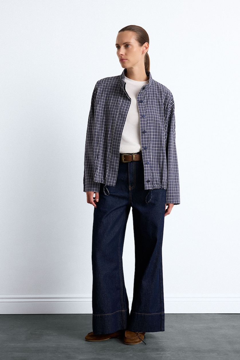 Woman Blue Black Short Wide Leg Trousers