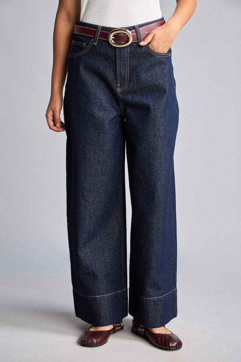 Kadın Mavi Siyah Baggy Fit Geniş Paça Yıkamalı Jean Pantolon