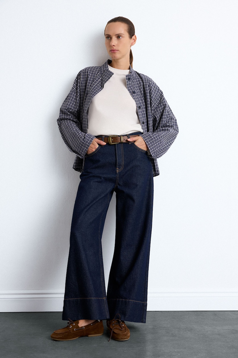 Woman Blue Black Short Wide Leg Trousers