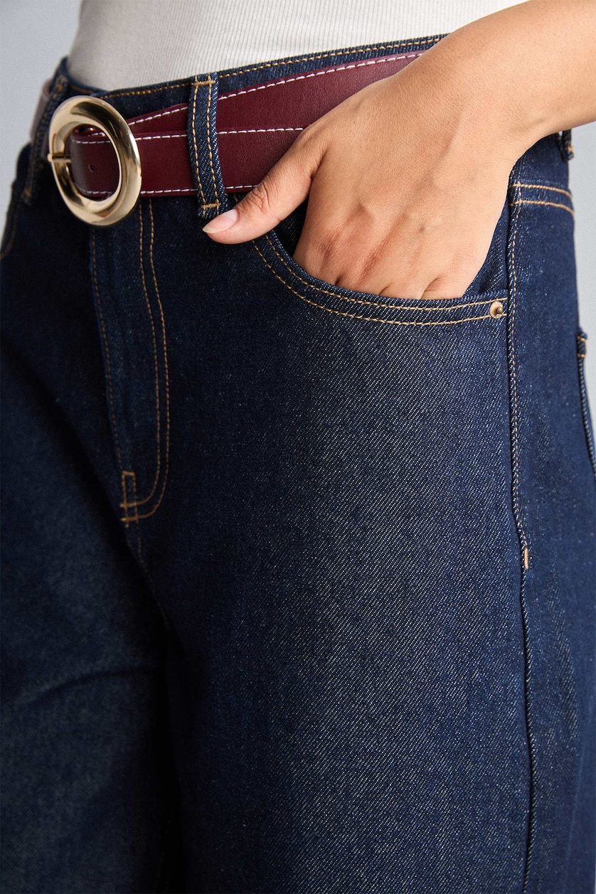 Kadın Mavi Siyah Baggy Fit Geniş Paça Yıkamalı Jean Pantolon