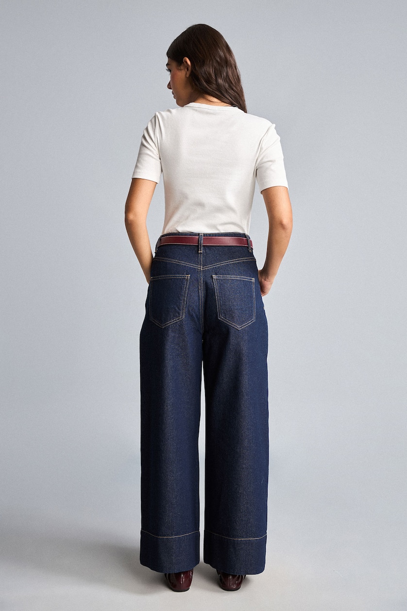 Kadın Mavi Siyah Baggy Fit Geniş Paça Yıkamalı Jean Pantolon