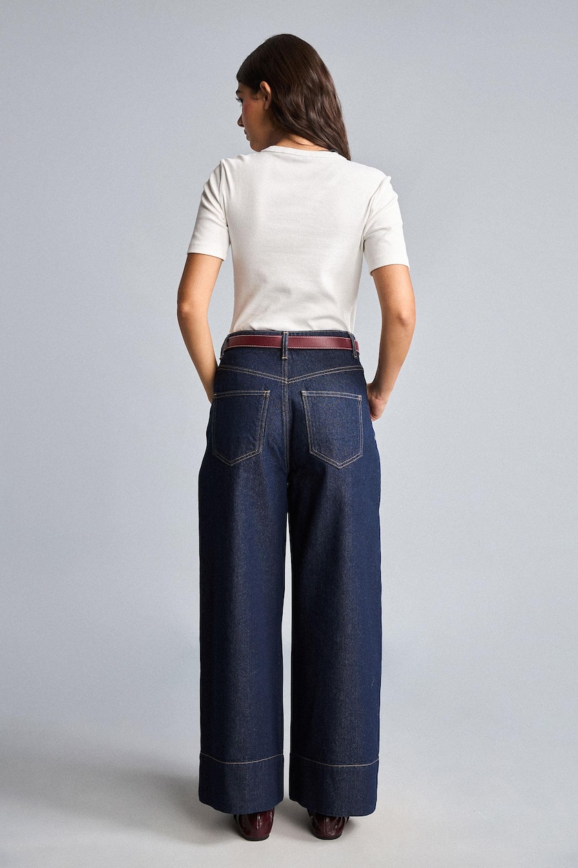Woman Blue Black Short Wide Leg Trousers