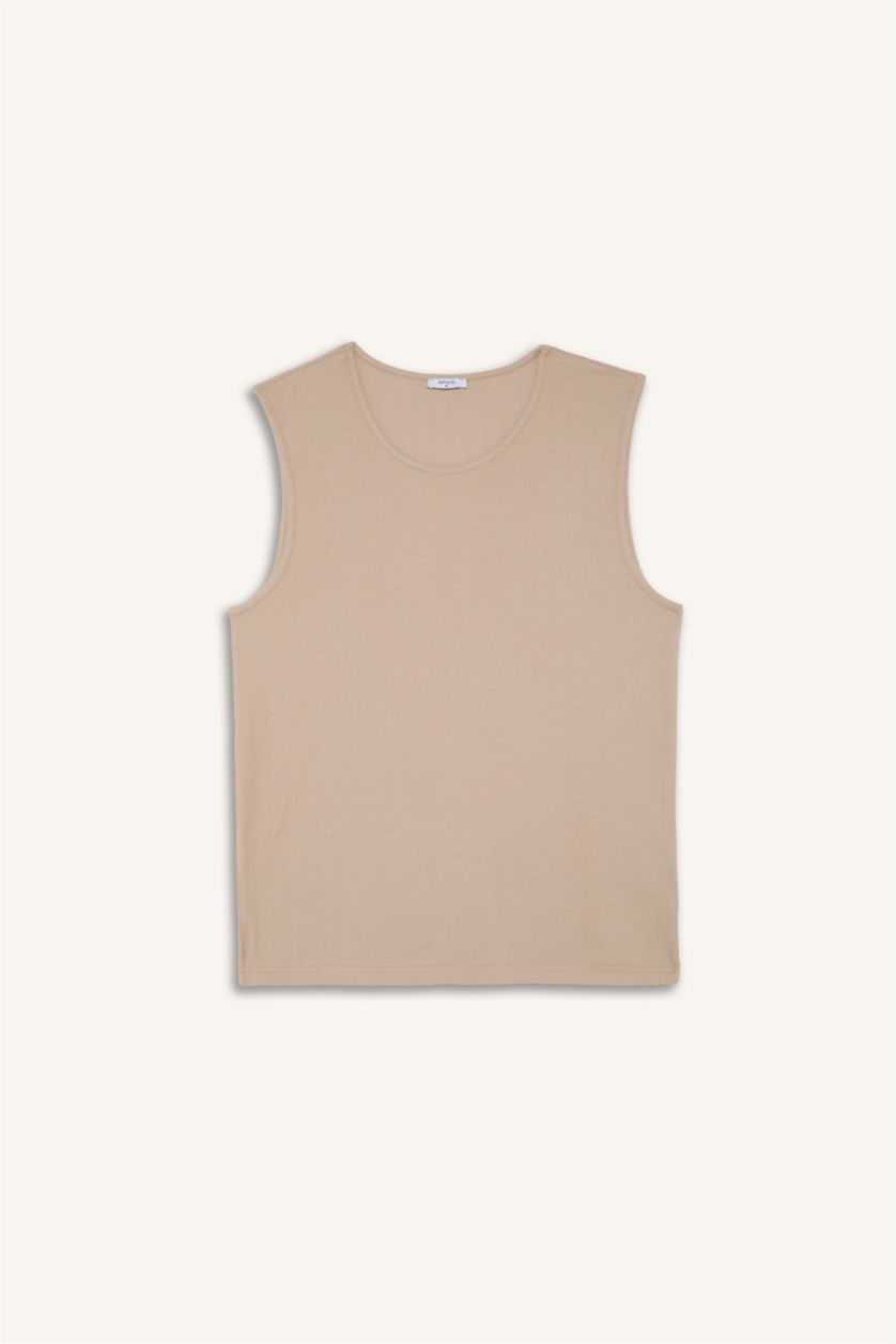 Men Beige Melange Regular Fit Crew Neck Tank Top