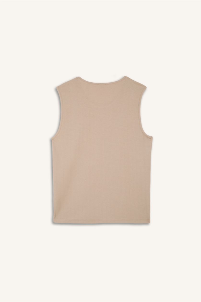 Men Beige Melange Regular Fit Crew Neck Tank Top