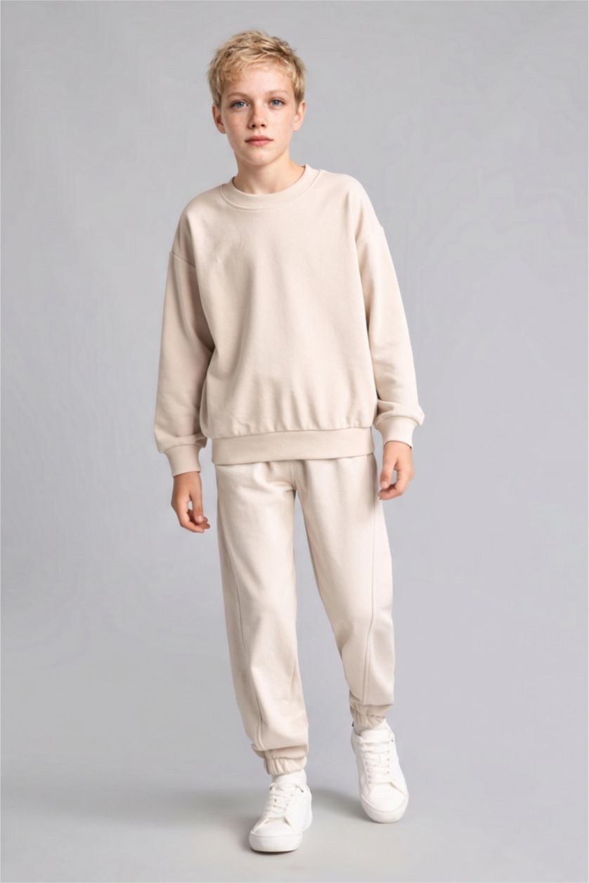 Erkek Çocuk - Genç Erkek Bej Oversize Bisiklet Yaka Sweatshirt Erkek Çocuk