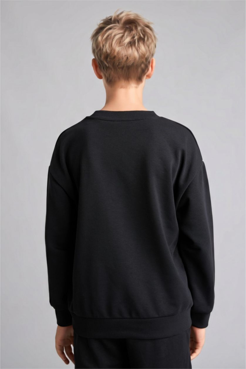 Erkek Çocuk - Genç Erkek Siyah Oversize Bisiklet Yaka Sweatshirt Erkek Çocuk