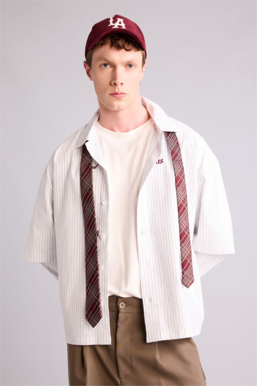 Erkek Ekru Boxy Fıt Baskılı Uzun Kollu Gömlek