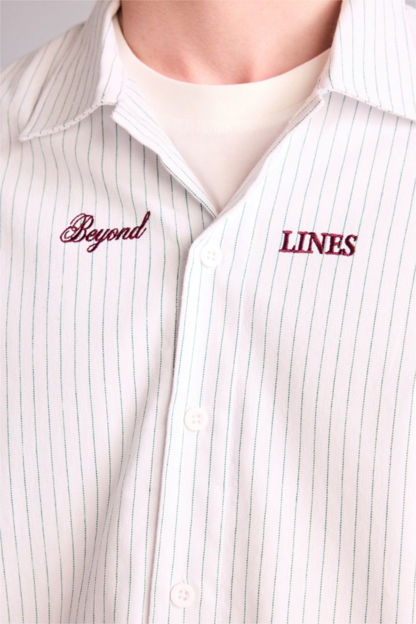 Erkek Ekru Boxy Fıt Baskılı Uzun Kollu Gömlek