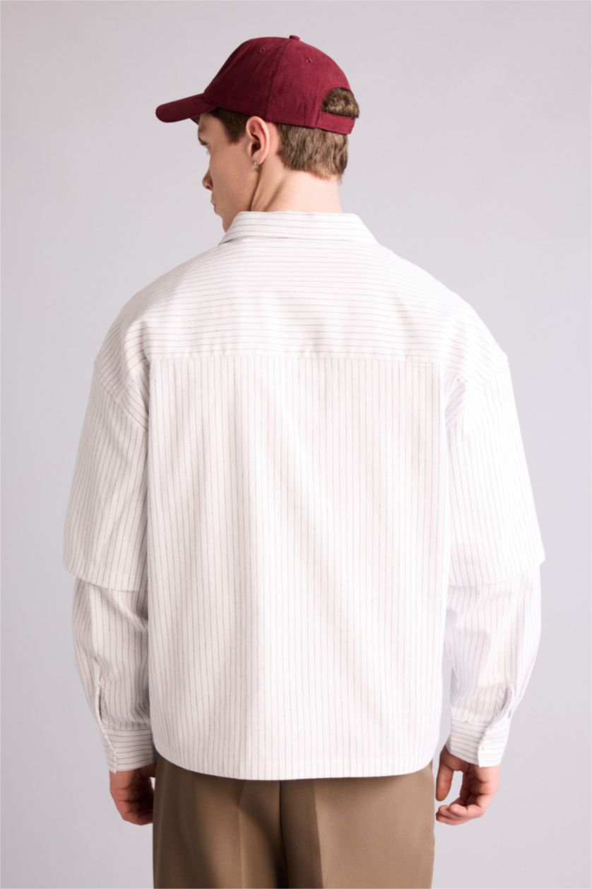 Erkek Ekru Boxy Fıt Baskılı Uzun Kollu Gömlek