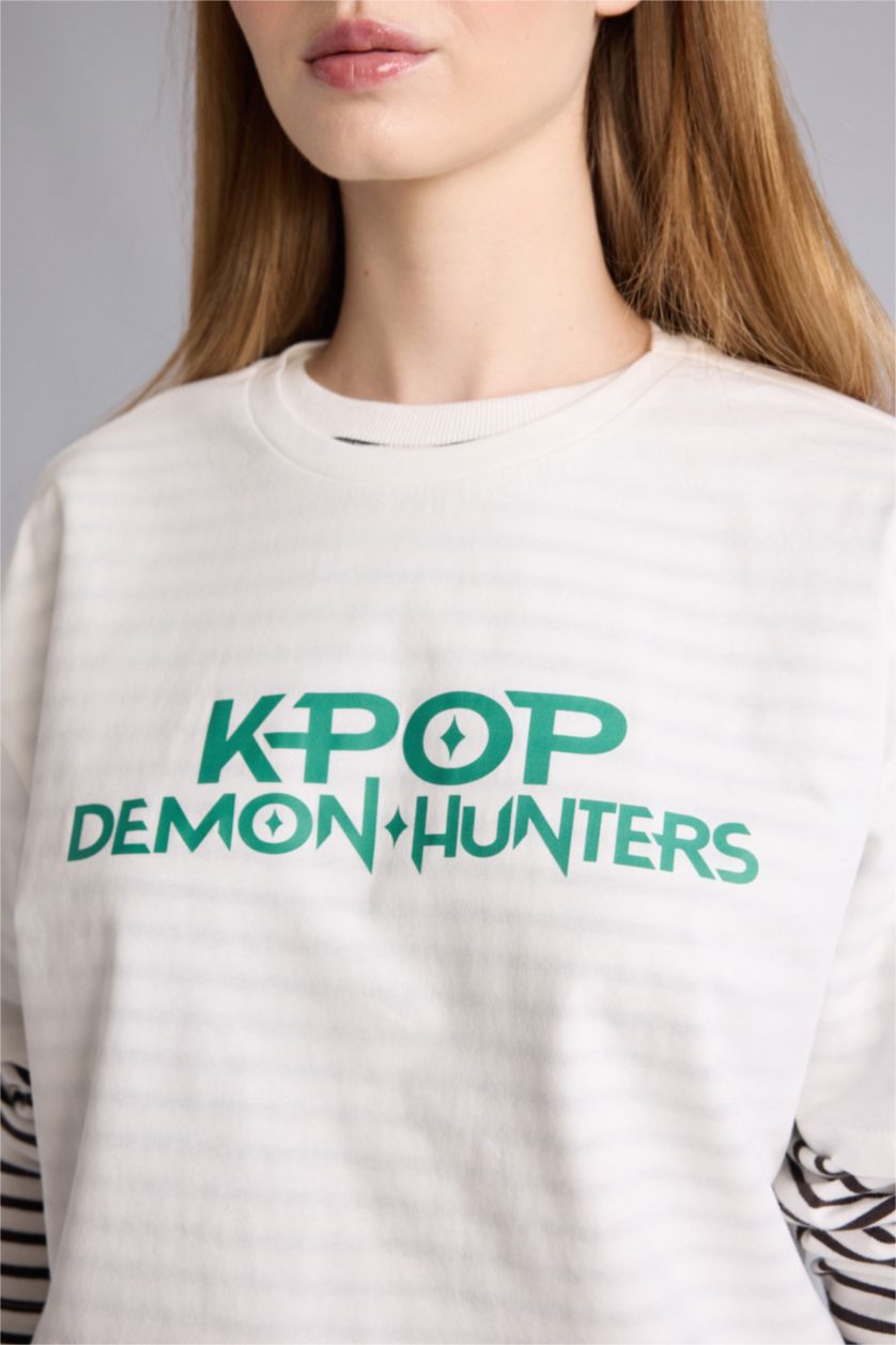 Kadın Kırık Beyaz Kpop - Demon Hunters Oversıze Sırt Baskılı Tişört