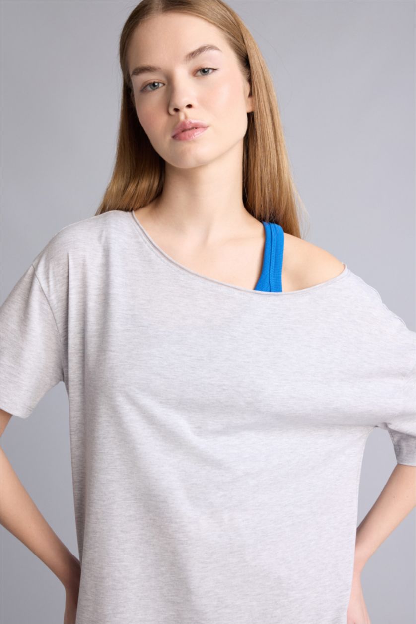 حريمي ميلانج رمادي تيشيرت اوفر سايز نص كم