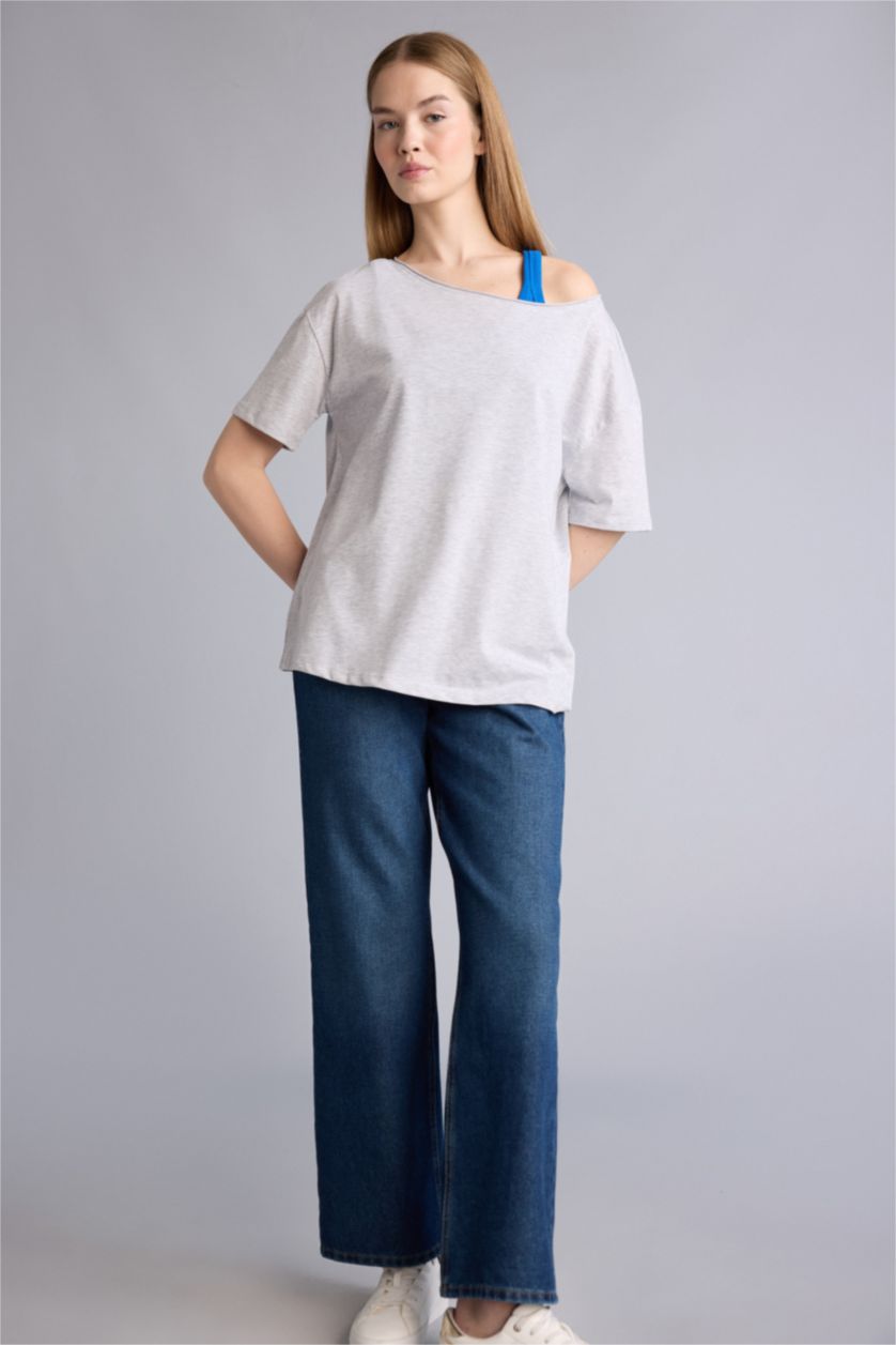 حريمي ميلانج رمادي تيشيرت اوفر سايز نص كم