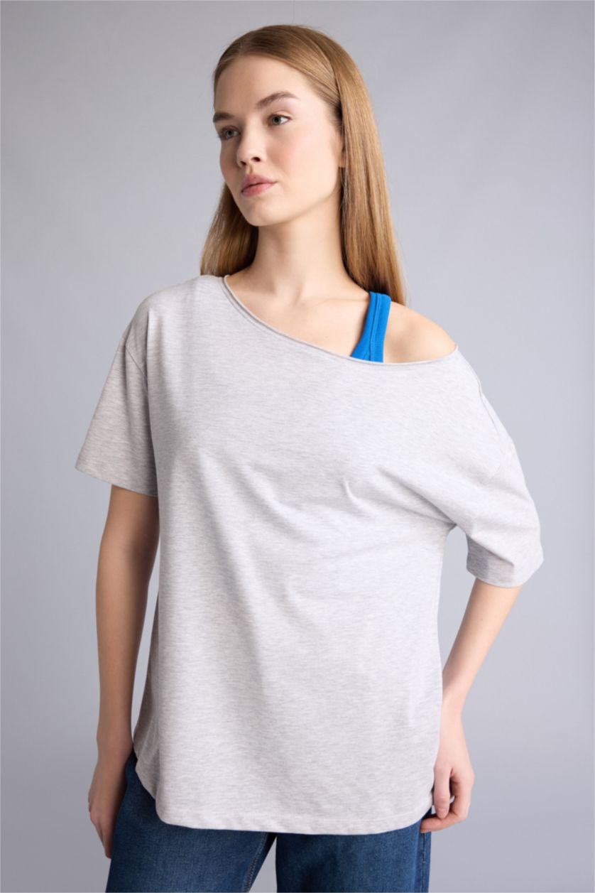 حريمي ميلانج رمادي تيشيرت اوفر سايز نص كم