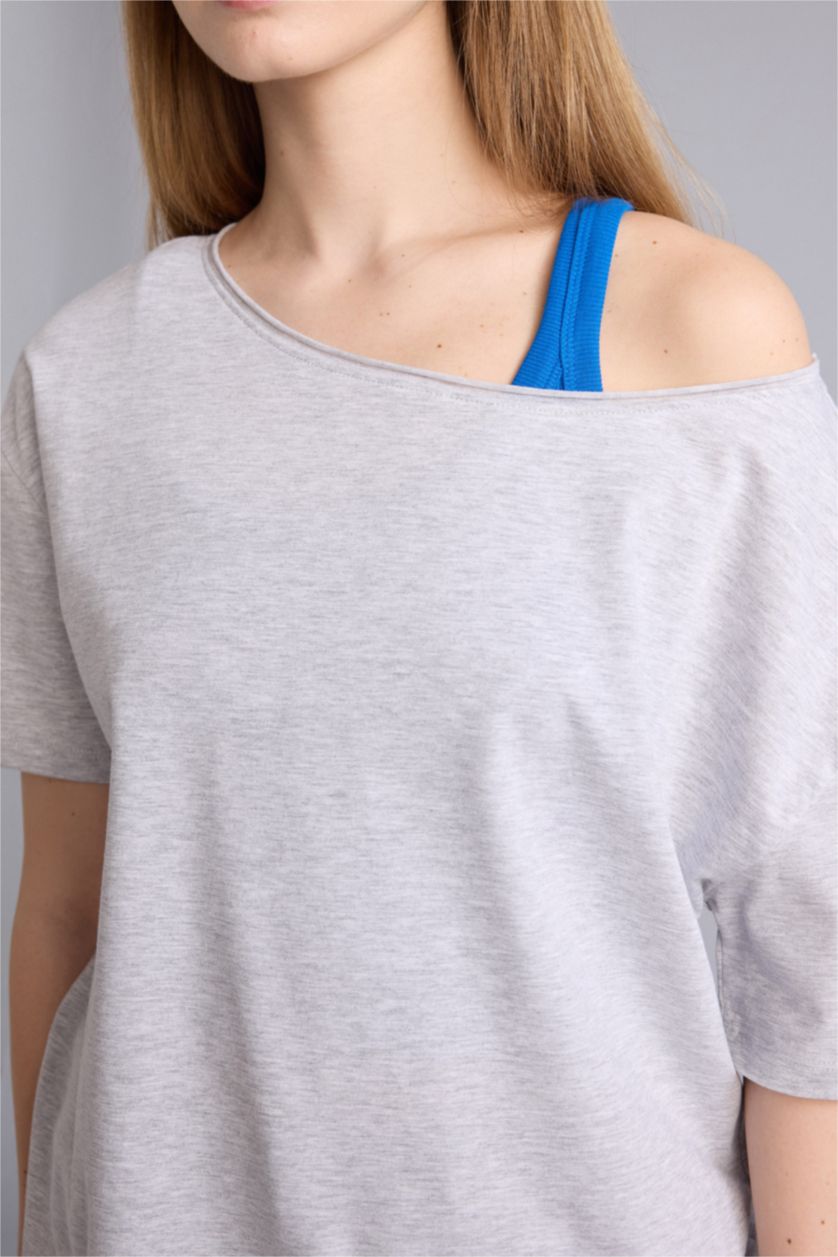 حريمي ميلانج رمادي تيشيرت اوفر سايز نص كم