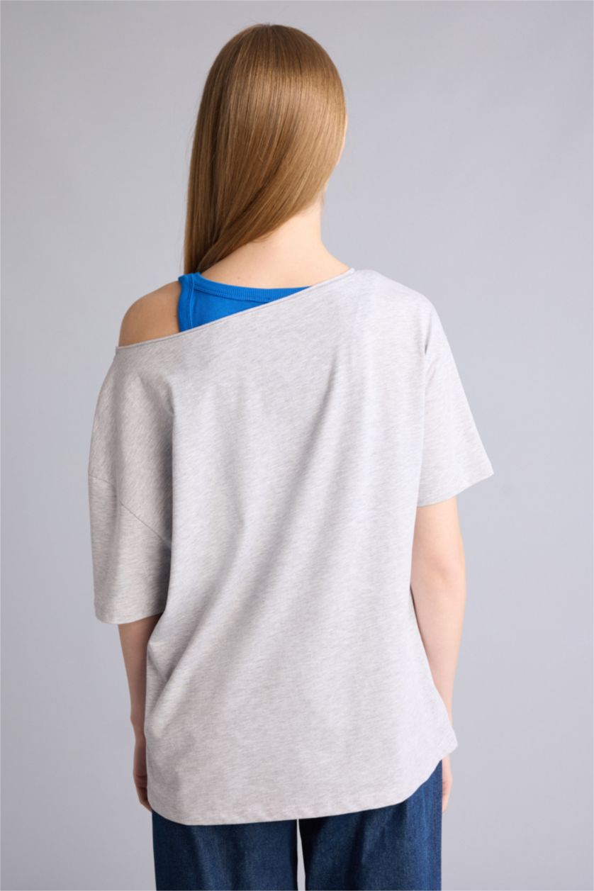 حريمي ميلانج رمادي تيشيرت اوفر سايز نص كم