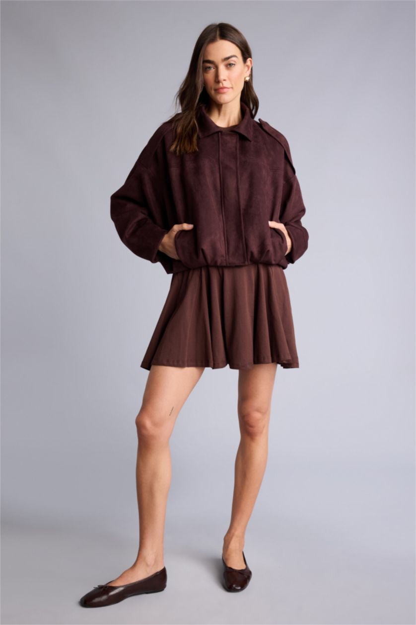 Kadın Kahve Gömlek Yaka Astarlı Süet Mont