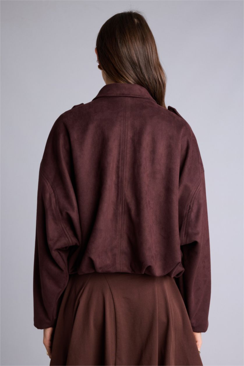 Kadın Kahve Gömlek Yaka Astarlı Süet Mont