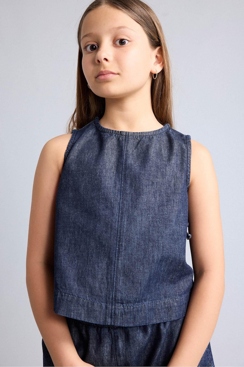 Young Girls - Teen Girls Dark Blue Girl Crew Neck Sleeveless Denim Blouse