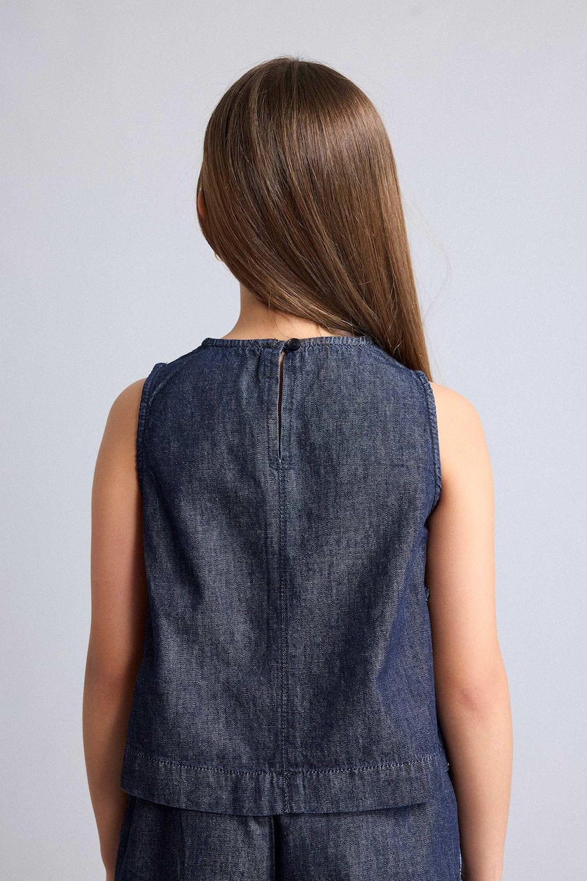 Young Girls - Teen Girls Dark Blue Girl Crew Neck Sleeveless Denim Blouse