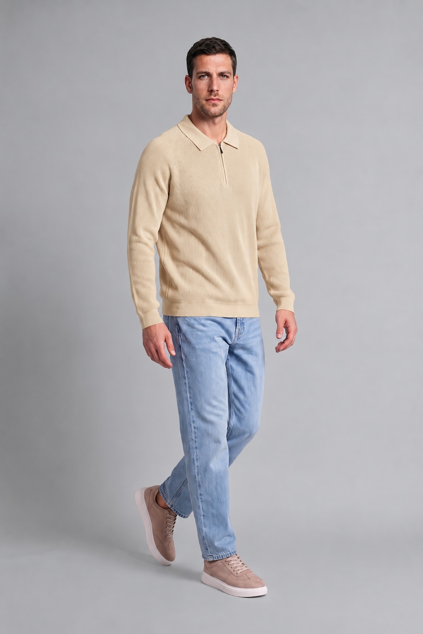 Man Light Beige Standard Fit Half Zip Knit Polo Neck Pullover