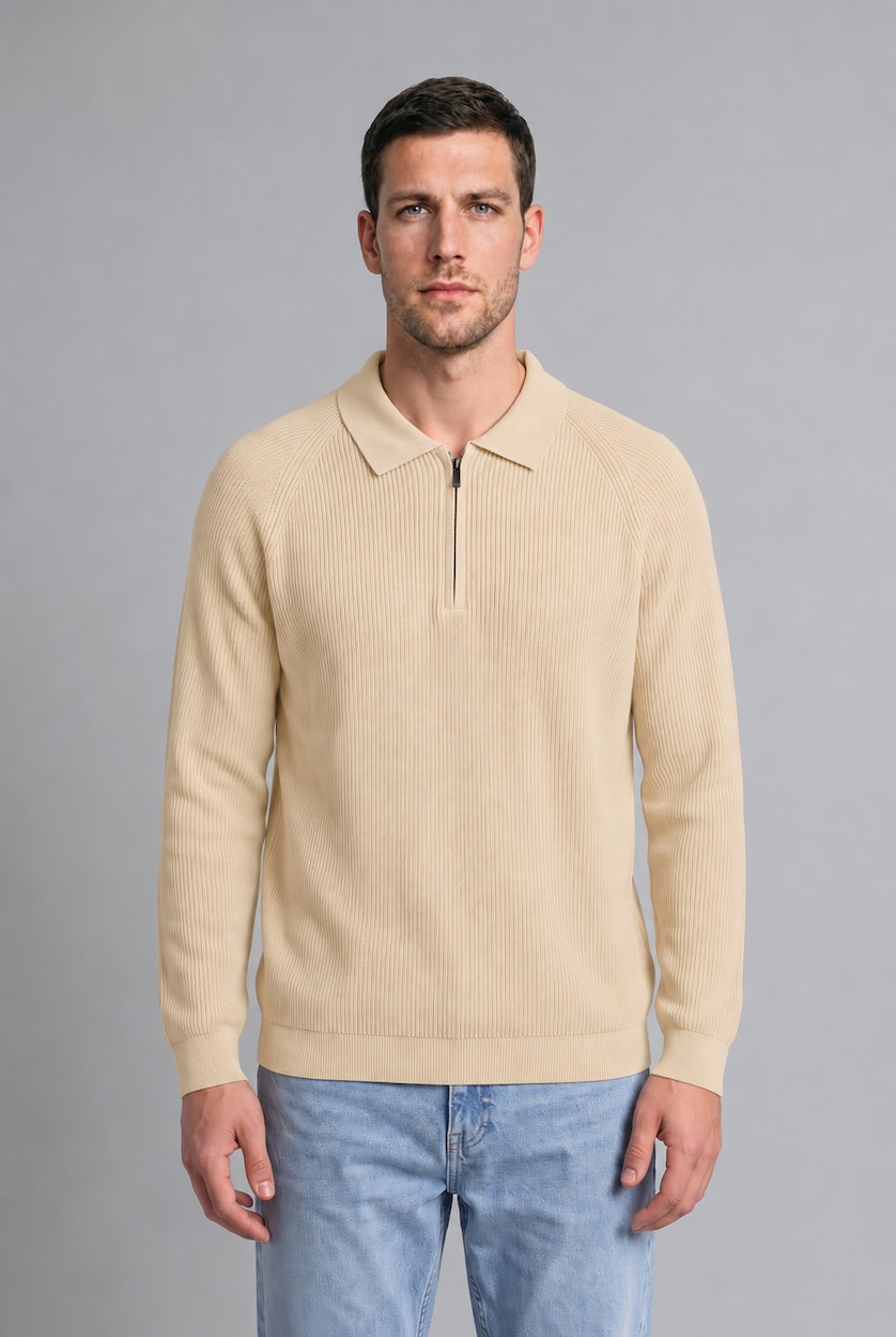 Man Light Beige Standard Fit Half Zip Knit Polo Neck Pullover