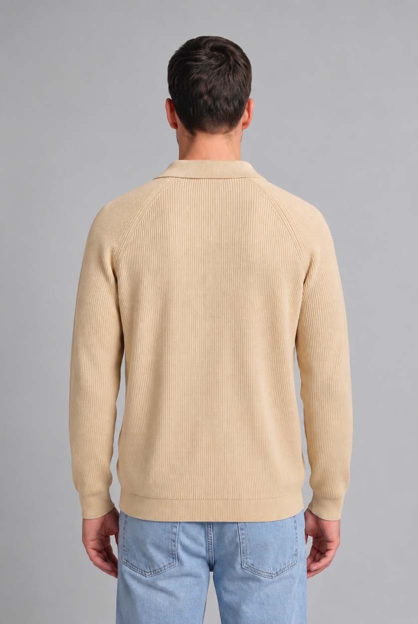 Man Light Beige Standard Fit Half Zip Knit Polo Neck Pullover