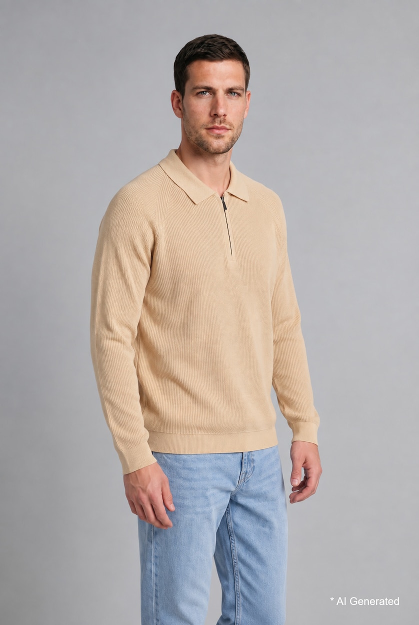 HOMME Beige Clair Pull polo en tricot à manches longues avec demi-fermeture éclair Coupe standard