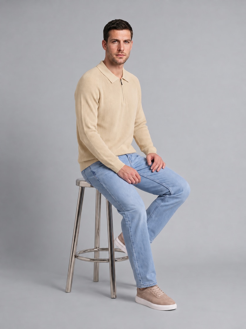Man Light Beige Standard Fit Half Zip Knit Polo Neck Pullover