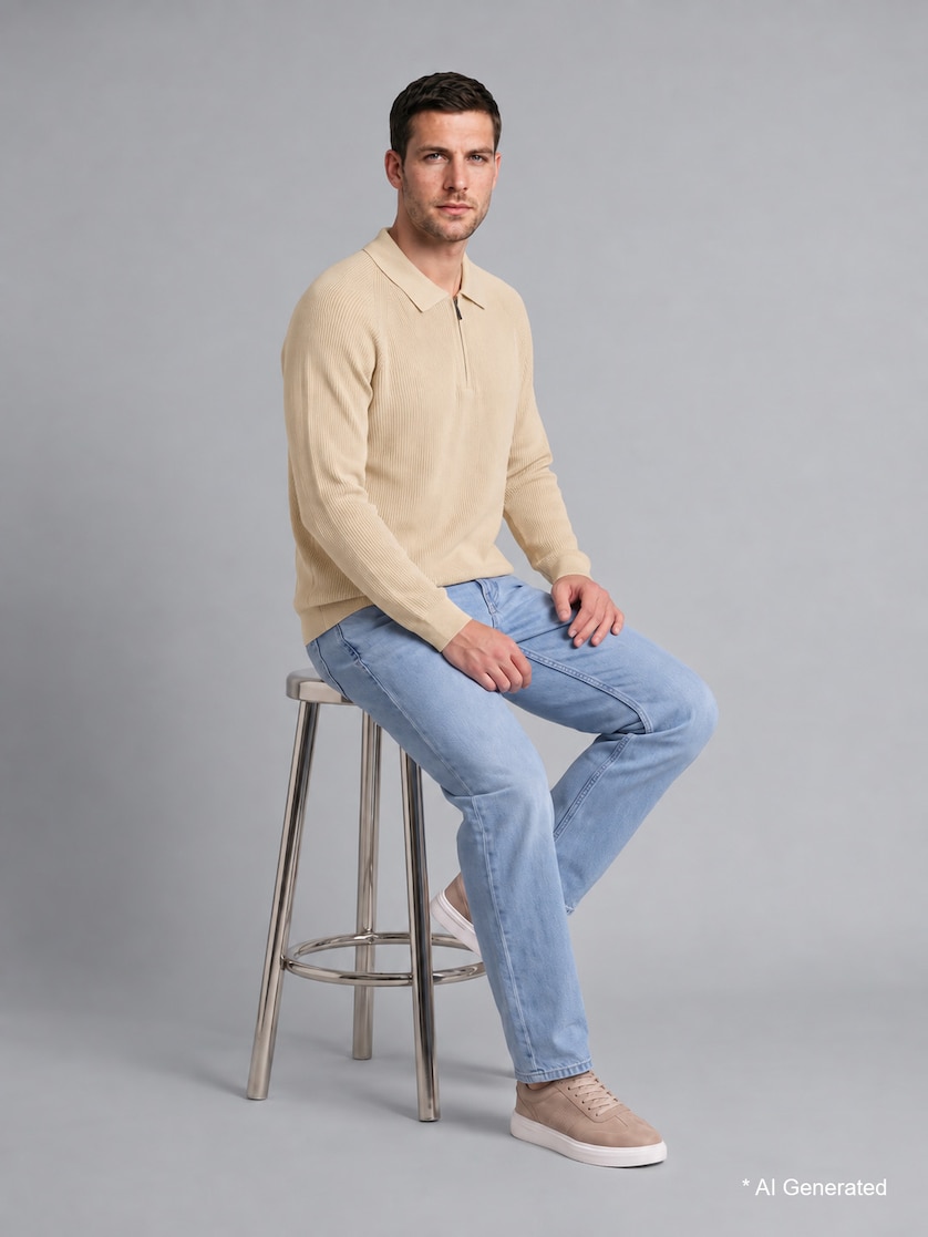 HOMME Beige Clair Pull polo en tricot à manches longues avec demi-fermeture éclair Coupe standard