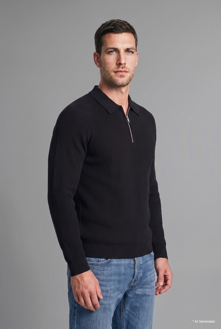 HOMME Noir Pull polo en tricot à manches longues avec demi-fermeture éclair Coupe standard