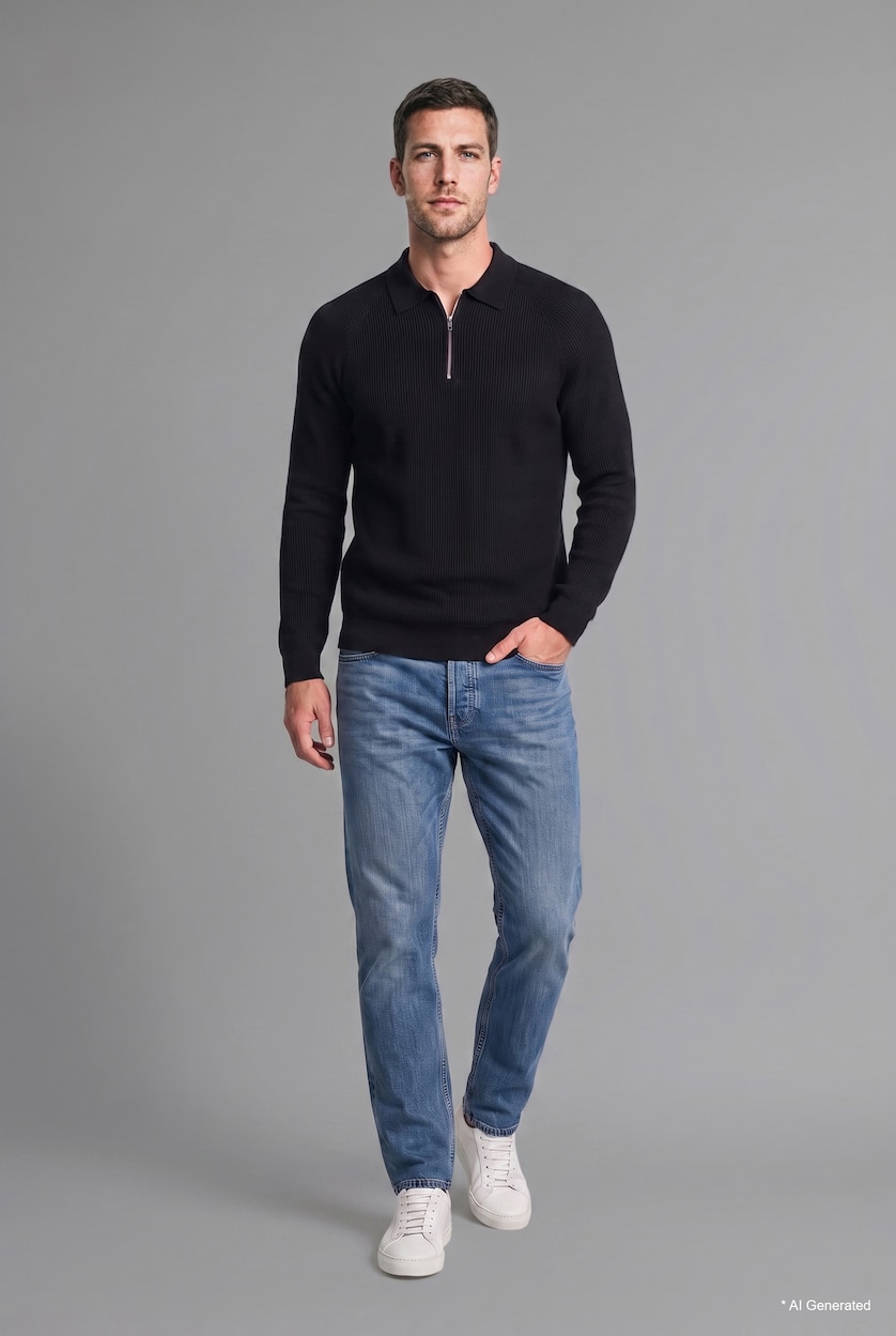 HOMME Noir Pull polo en tricot à manches longues avec demi-fermeture éclair Coupe standard