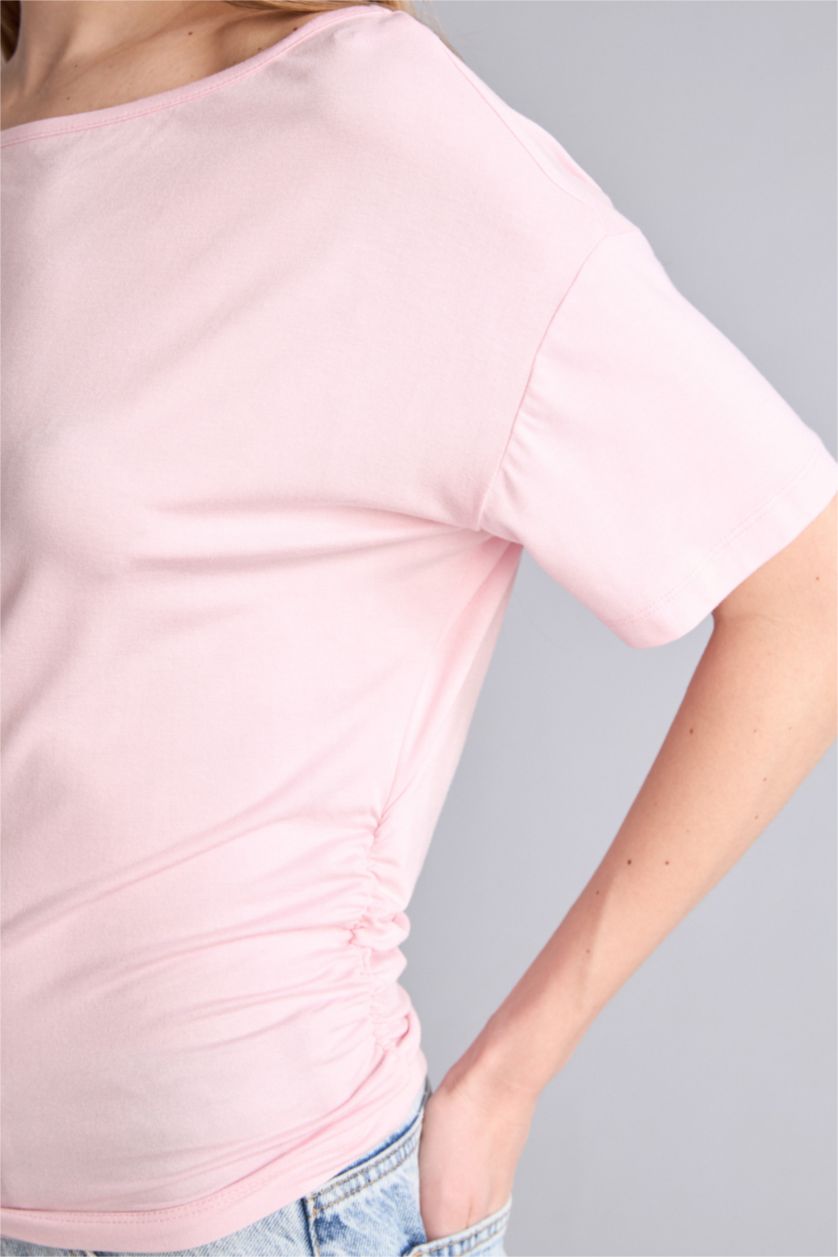 Kadın Açık Pembe Loose Açık Omuzlu Tişört