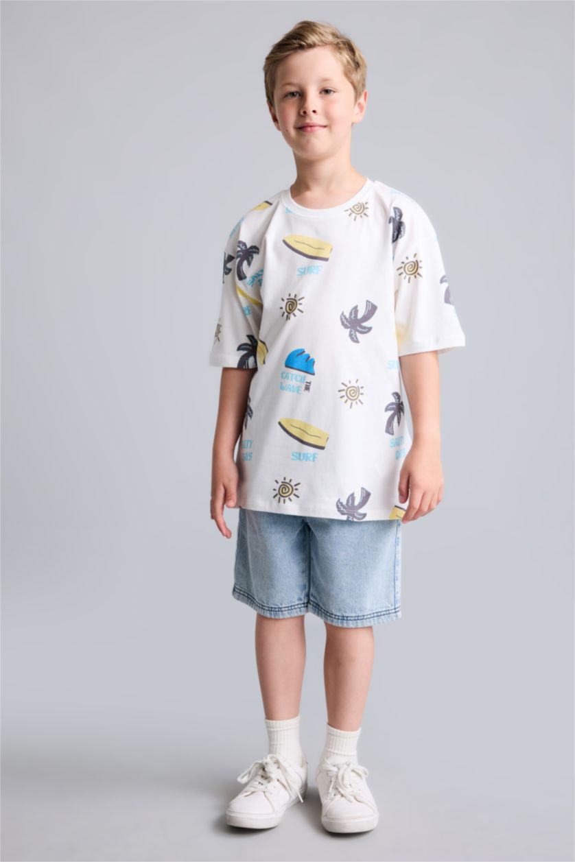 Мальчики и подростки Бежевый Футболка Oversize из 100% хлопка с круглым вырезом сафари принтом и коротким рукавом для мальчиков