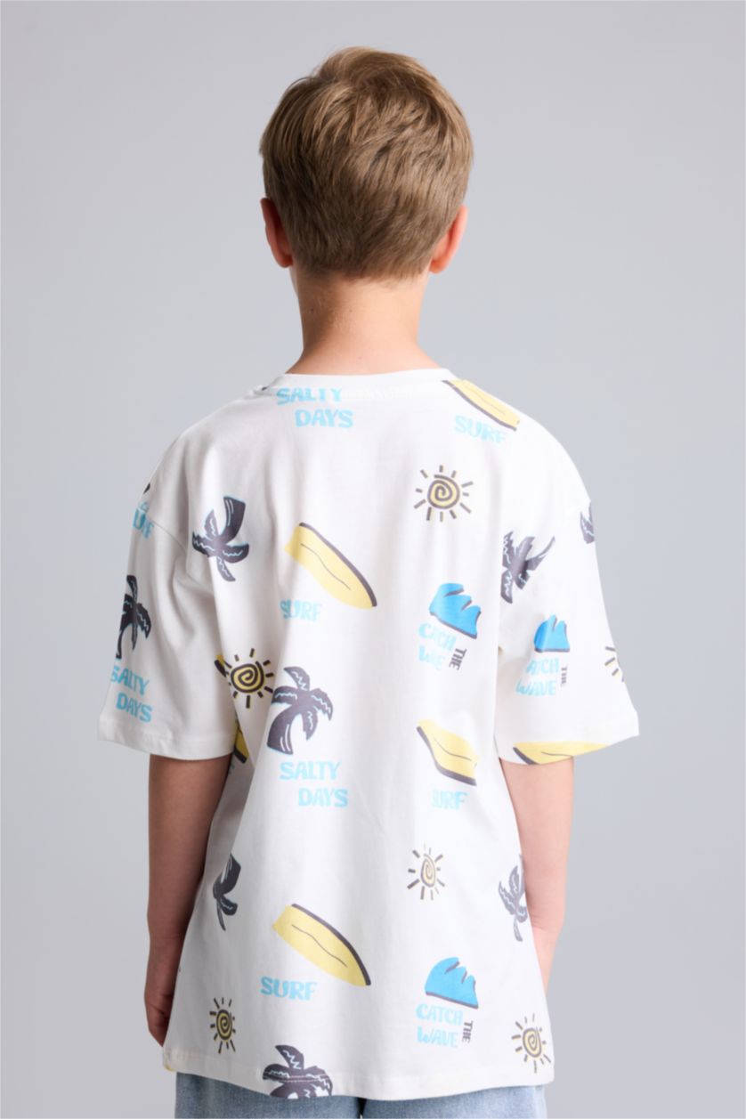 Мальчики и подростки Бежевый Футболка Oversize из 100% хлопка с круглым вырезом сафари принтом и коротким рукавом для мальчиков