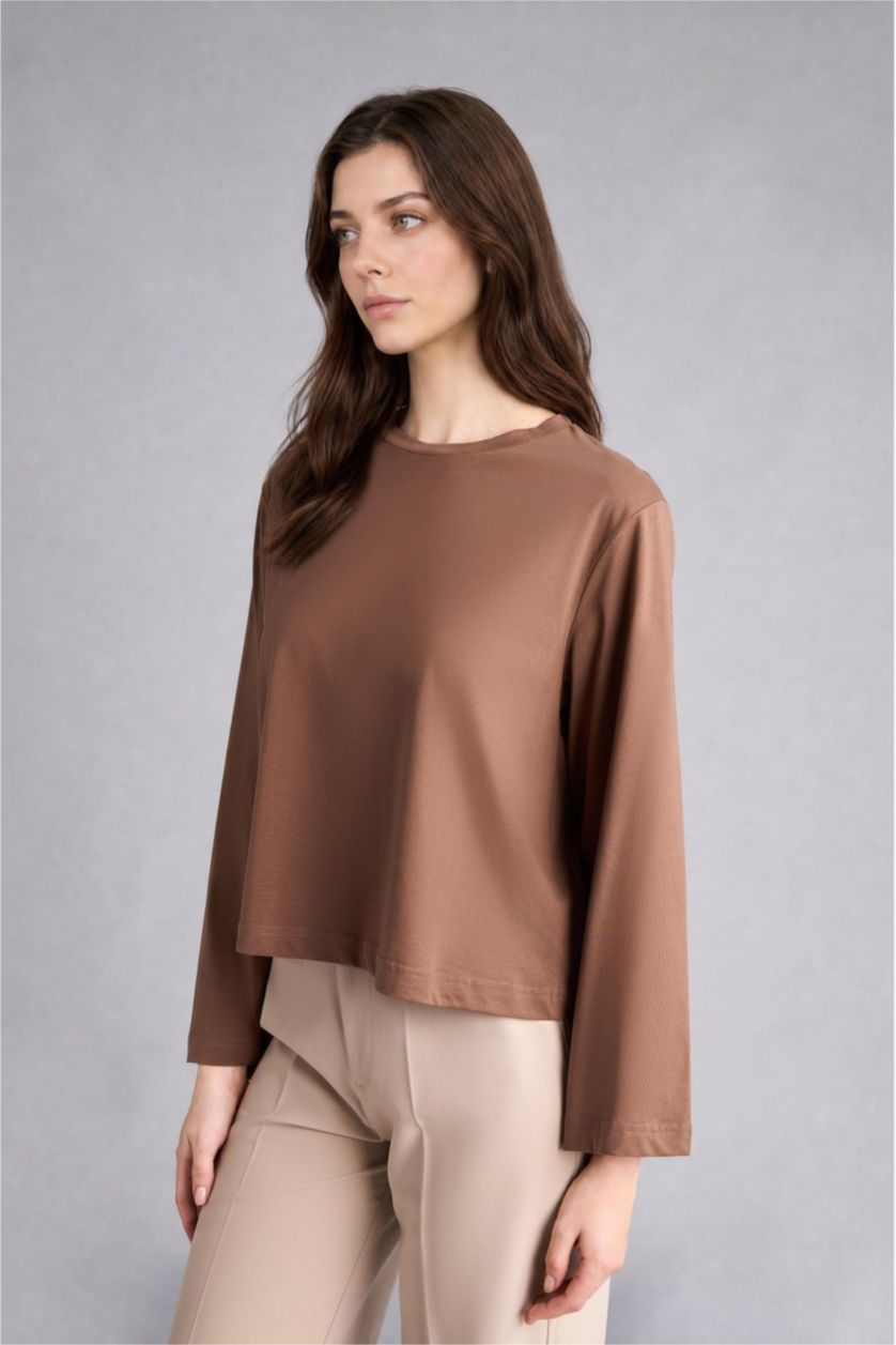 Kadın Kahve Relaxed Fit Uzun Kollu Penye Tunik