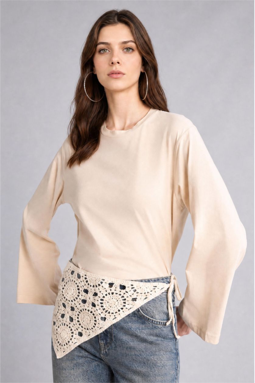 Kadın Taş Relaxed Fit Uzun Kollu Penye Tunik