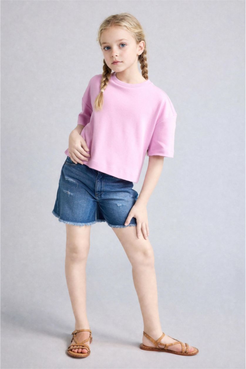 Kız Çocuk - Genç Kız Pembe Oversize Bisiklet Yaka Tişört Kız Çocuk