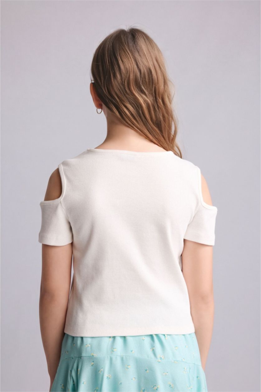 Young Girls - Teen Girls Ecru Girl Crew Neck Short Sleeve Ribbed T-Shirt
