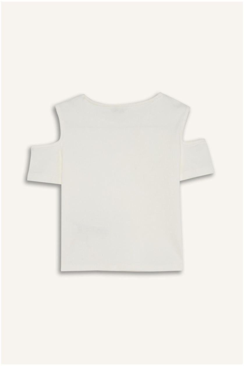 Young Girls - Teen Girls Ecru Girl Crew Neck Short Sleeve Ribbed T-Shirt